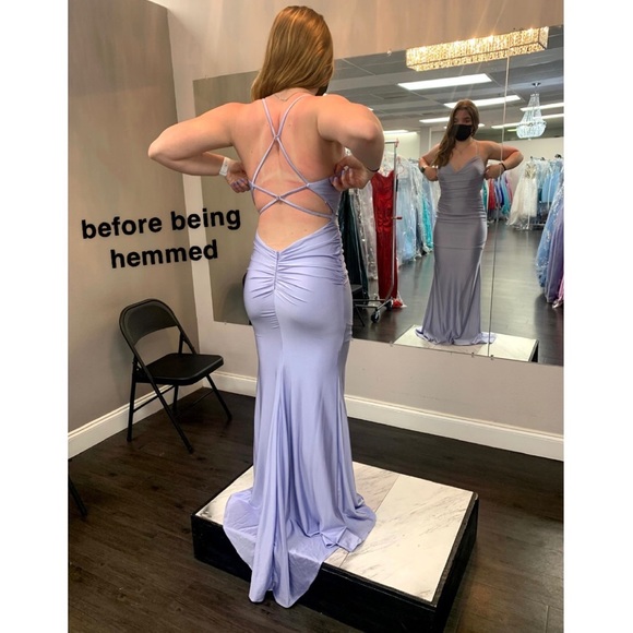 La Femme Strappy Back Ruched Trumpet Gown in Periwinkle - Picture 2 of 11